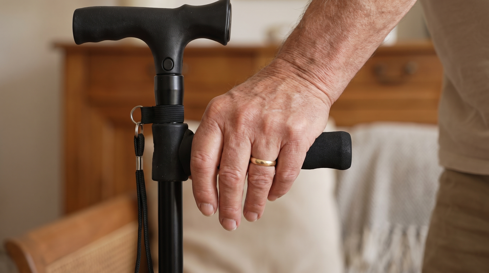 Hand am Griff des Gehstocks