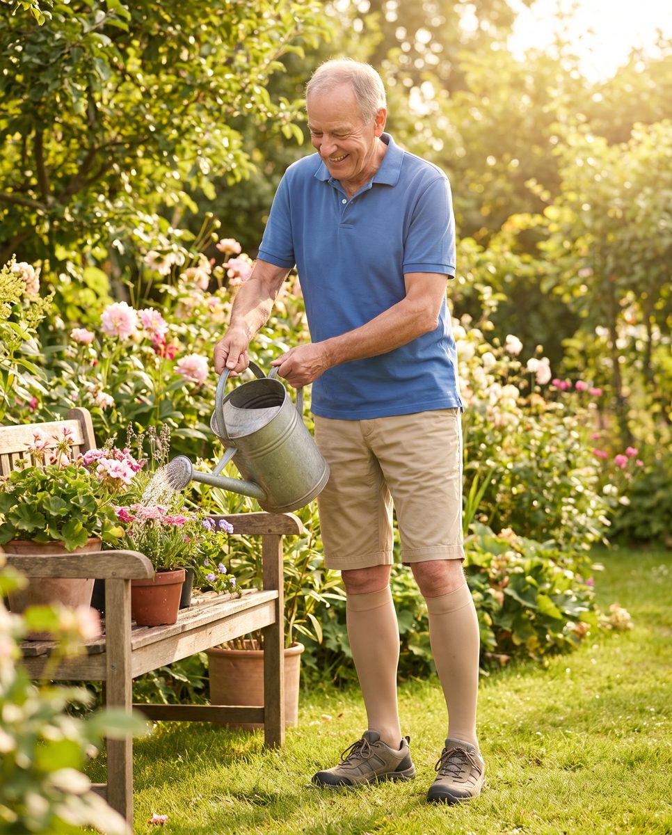Ein aktiver Mann fühlt sich wohl in seinem Garten, mit leichten Beinen